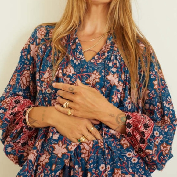 Nat by Natalie Martin Lola Blouse Boho Floral Split Neck Tassel Peasant Top - Picture 3 of 5